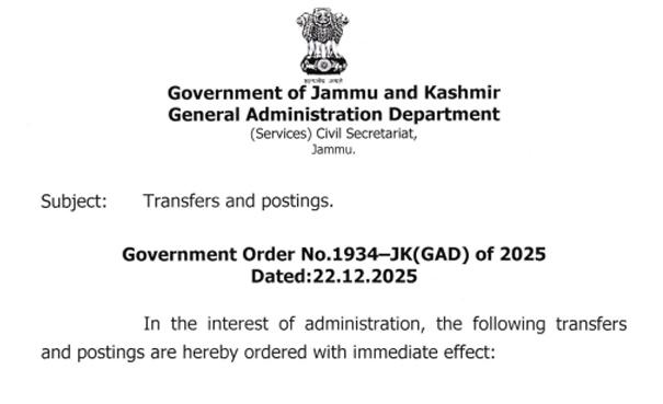 Govt orders Transfers and postings of Four JKAS officers