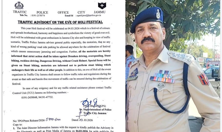Traffic Police Jammu issues strict advisory ahead of Holi Celebrations