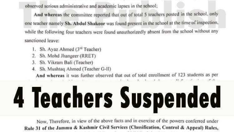 Rajouri Education Dept Takes Strict Action, 4 Teachers Suspended