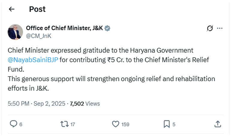 Haryana Govt extends Rs 5 cr support to J&K flood relief