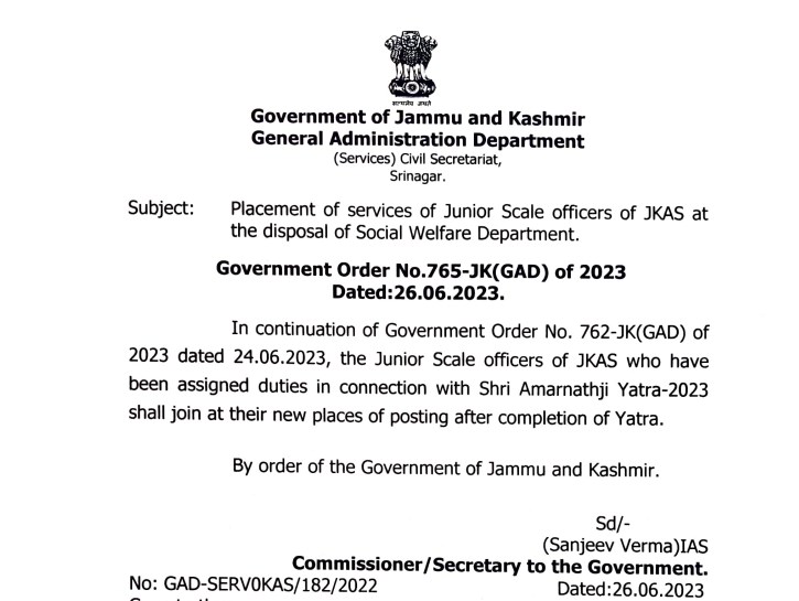 Placement of services of Junior Scale officers of JKAS at the disposal of Social Welfare Department