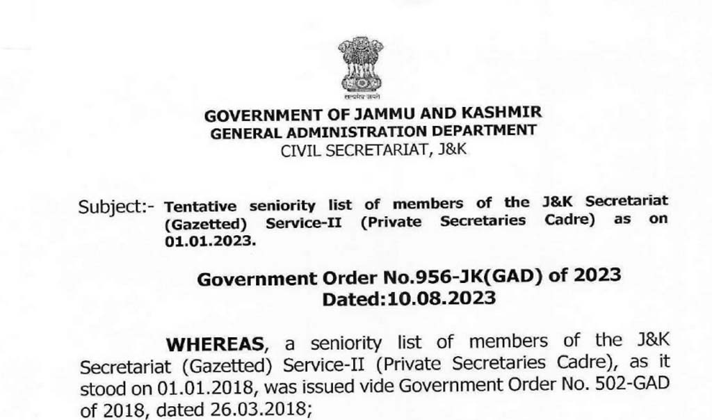 Tentative seniority list of members of the JK Secretariat Gazetted Service-II Private Secretaries Cadre as on 01-01-2023
